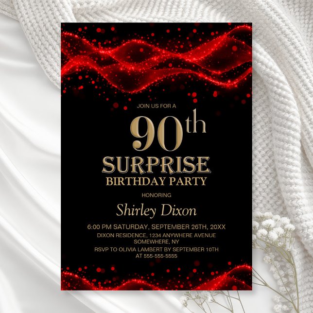 Black and Red Surprise 90th Birthday Party Invitation (Creator Uploaded)
