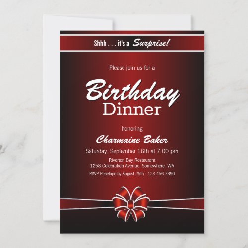 Black and Red Surprise Birthday Dinner Party Invitation