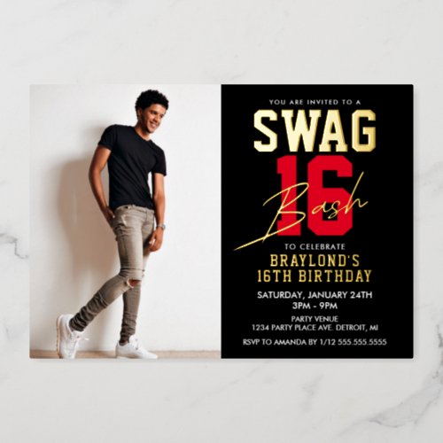 Black and Red Swag 16 Birthday Foil Invitation