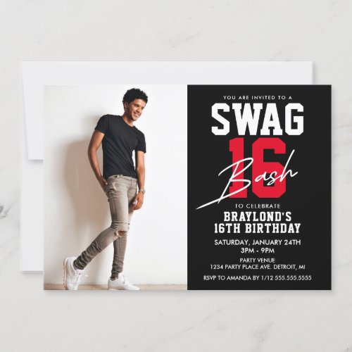 Black and Red Swag 16 Birthday Invitation