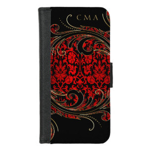 Black and Red Swirly Floral Damask DIY Monogram iPhone 8/7 Wallet Case