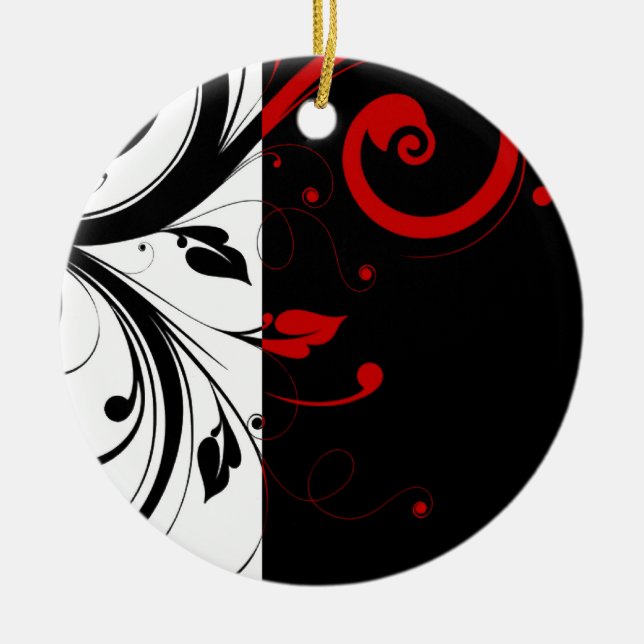 Black and Red Swirly Vines Ceramic Ornament (Front)