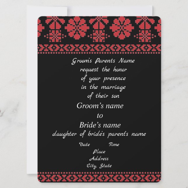 Black and Red Tatreez Wedding Invitation (Front)