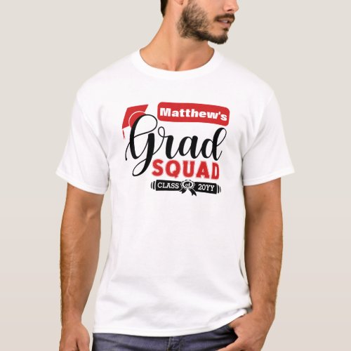 Black and Red Text Males White Grad Squad T_Shirt