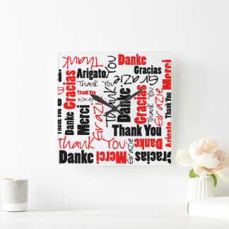 Black and Red Thank You Word Cloud Square Wall Clock