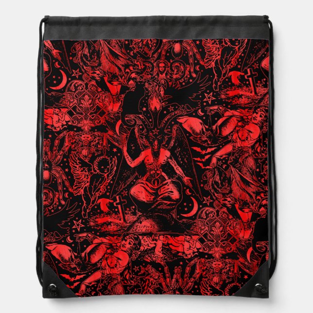 Black and Red Victorian Gothic Baphomet Devil Drawstring Bag (Front)