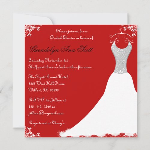 Black and Red Wedding Gown Bridal Shower Invitations