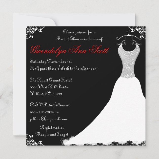 Black and Red Wedding Gown Bridal Shower Invitation (Front)