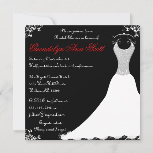 Black and Red Wedding Gown Bridal Shower Invites