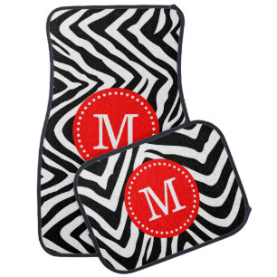 Black and Red Zebra Print Custom Monogram Car Mat