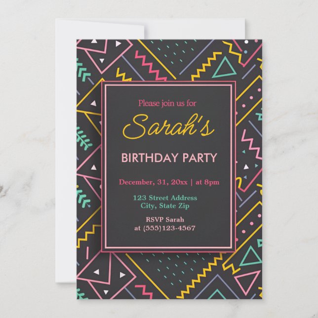 Black and Retro Colorful Birthday Party  Invitation (Front)