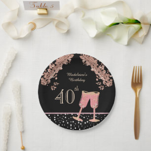 Black and Rose Gold 40th Birthday Round  Paper Plates