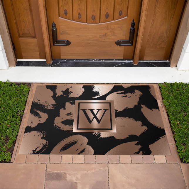 Black and Rose Gold Abstract Brush Doormat (Outdoor)