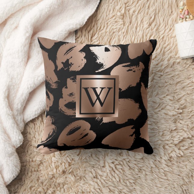 Black and Rose Gold Abstract Brush Throw Pillow (Blanket)