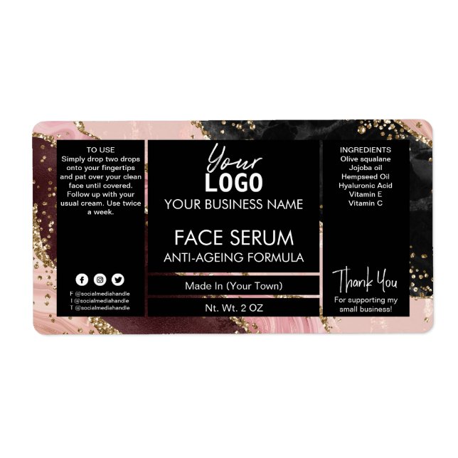 Black And Rose Gold Agate Face And Hair Oil Serum Label (Front)