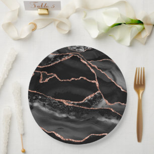 Black and Rose Gold Agate Geode Formal Paper Plates