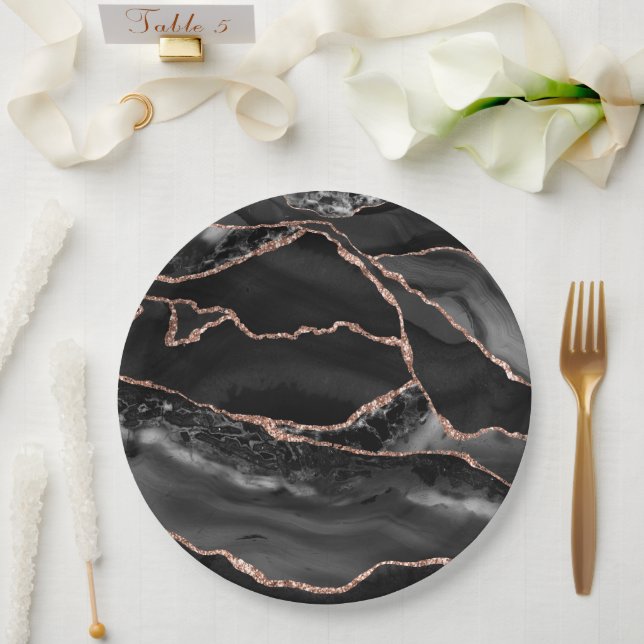 Black and Rose Gold Agate Geode Formal Paper Plates (Wedding)