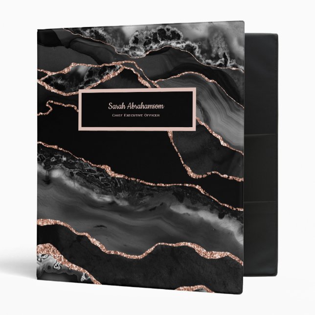 Black and Rose Gold Agate Geode Professional 3 Ring Binder (Front/Inside)