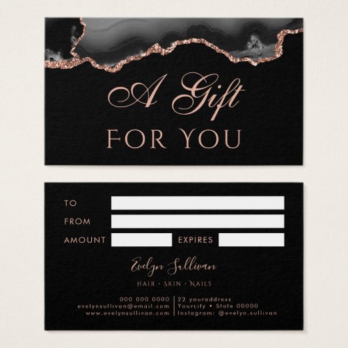 Black and rose gold Agate on Black Gift Card