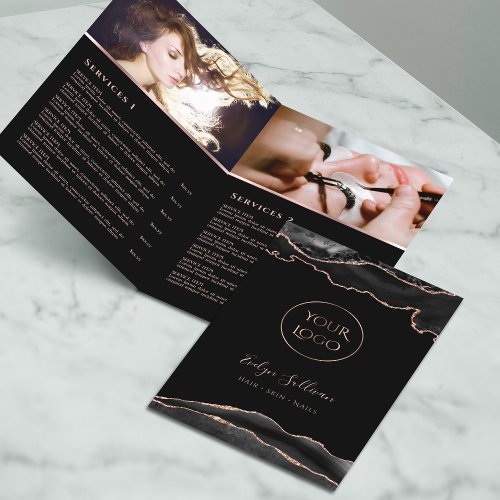 black and rose gold agate service menu brochure