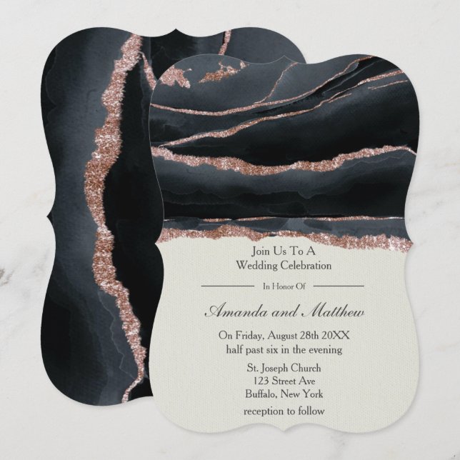 Black and Rose Gold Agate Wedding Invitations  (Front/Back)