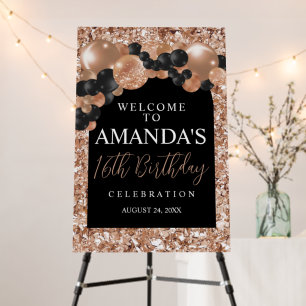 Black and Rose Gold Balloon Arch Welcome Sign