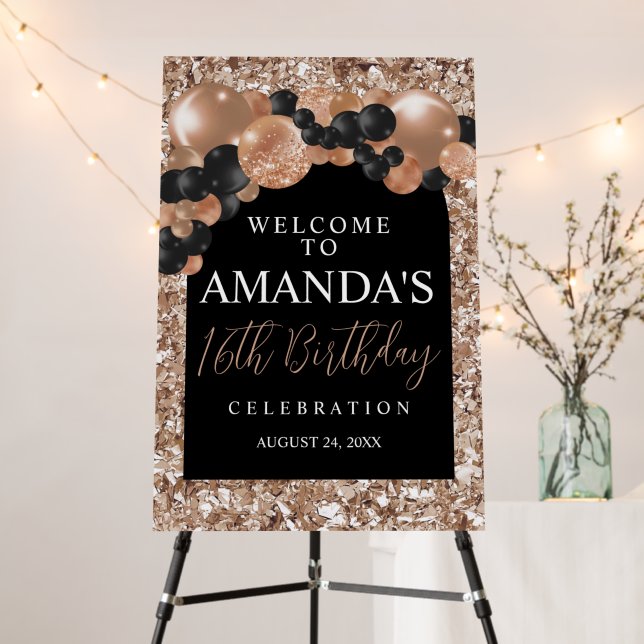Black and Rose Gold Balloon Arch Welcome Sign (In Situ (Stand))