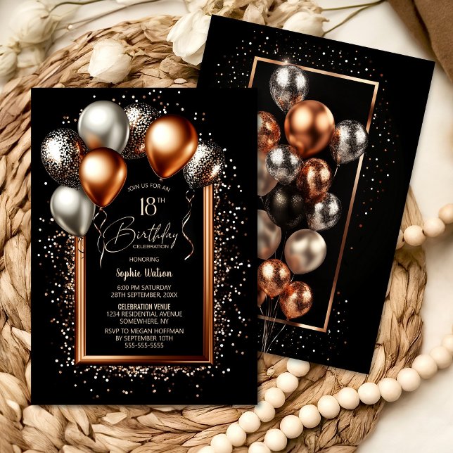 Black and Rose Gold Balloons 18th Birthday Party Invitation (Creator Uploaded)