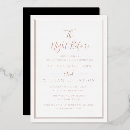 black and rose gold calligraphy rehearsal dinner foil invitation