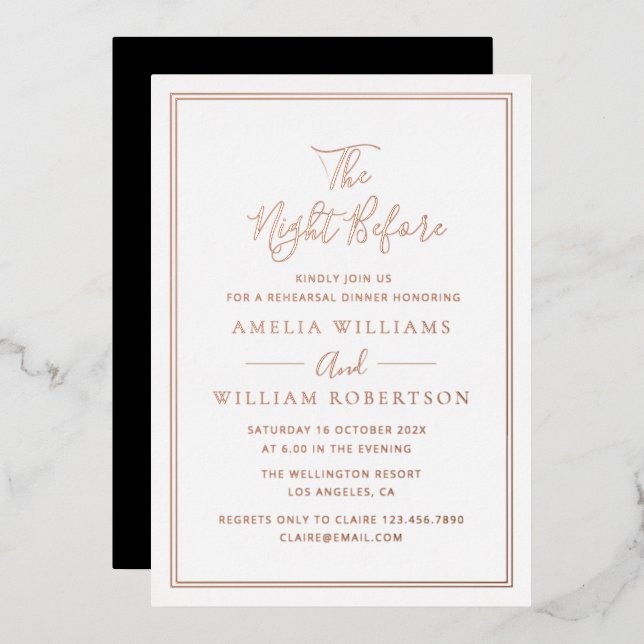 black and rose gold calligraphy rehearsal dinner foil invitation (Front/Back)