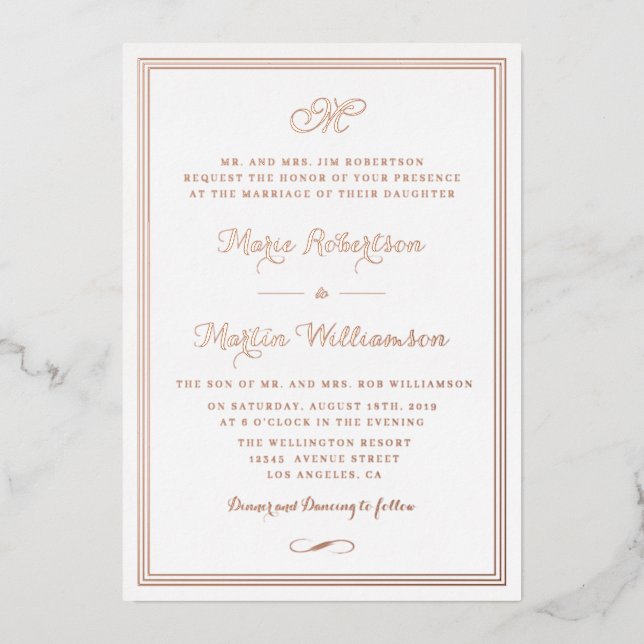 black and rose gold calligraphy wedding foil invitation (Front)