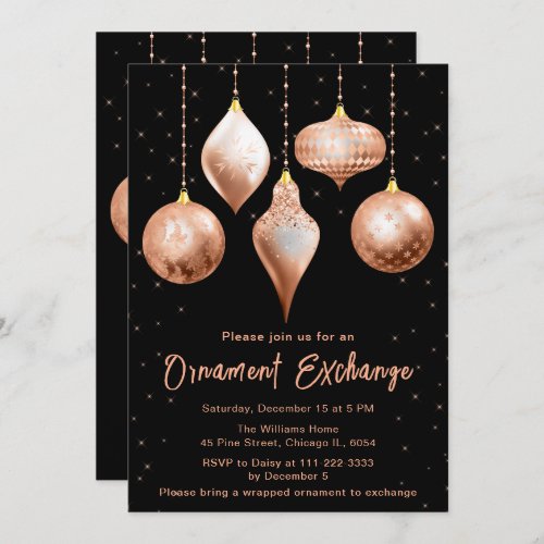 Black and Rose Gold Christmas Ornament Exchange Invitation