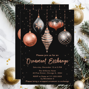 Black and Rose Gold Christmas Ornament Exchange Invitation
