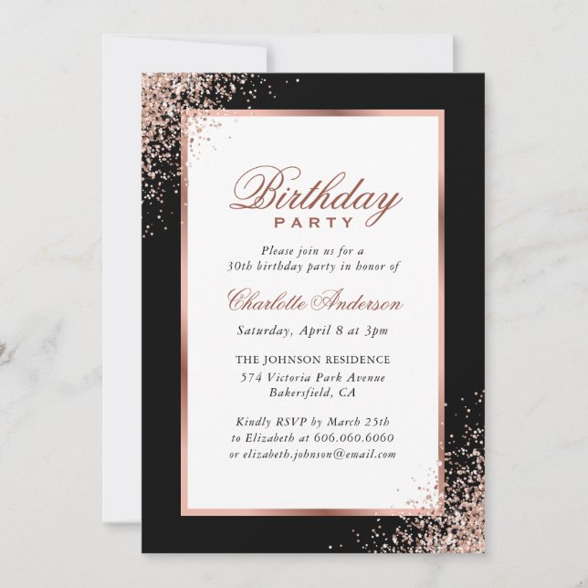 Black and Rose Gold Confetti Birthday Party Invitation (Front)