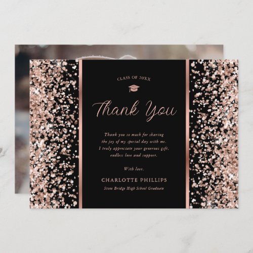 Black and Rose Gold Confetti Photo Graduation Thank You Card