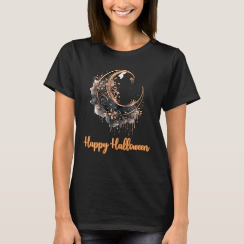 Black and Rose Gold Crescent Moon Happy Halloween T_Shirt