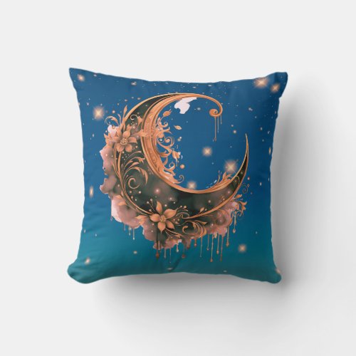 Black and Rose Gold Crescent Moon Starry Halloween Throw Pillow