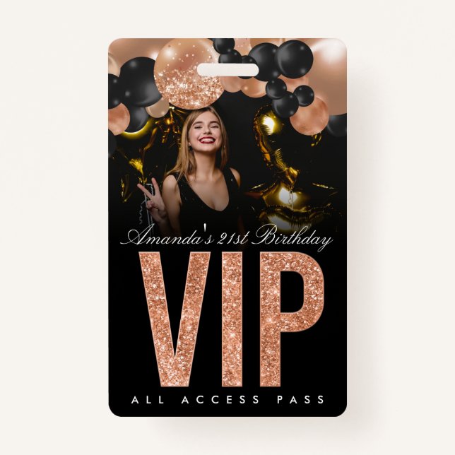 Black and Rose Gold Customizable VIP All Access Badge (Front)