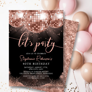 Black and Rose Gold Disco Ball 40th Birthday Party Invitation