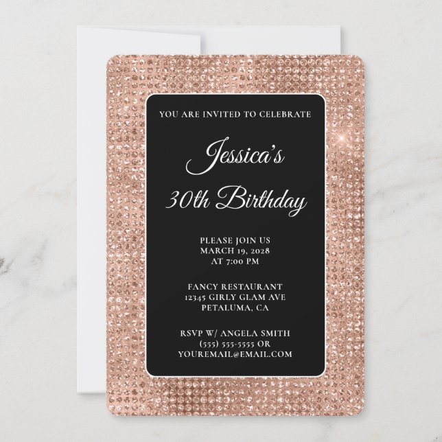 Black and Rose Gold Disco Glitter 30th Birthday Invitation (Front)