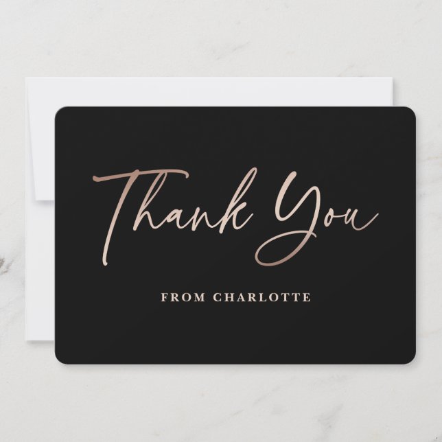 Black and Rose Gold Elegant Script Thank You Card (Front)