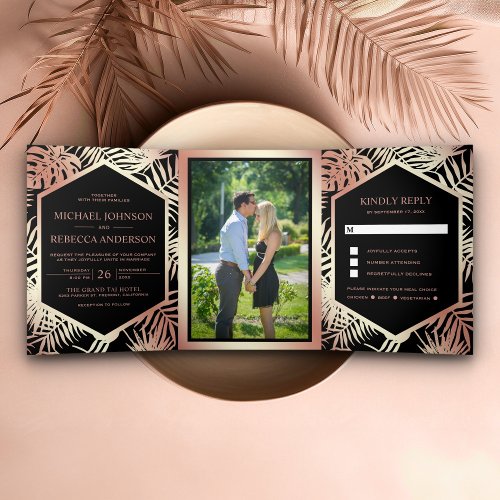 Black and Rose Gold Foil Tropical Palm Wedding Tri_Fold Invitation
