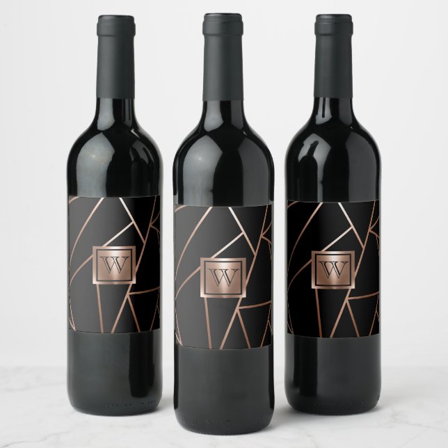 Black and Rose Gold Geometric Wine Label (Bottles)