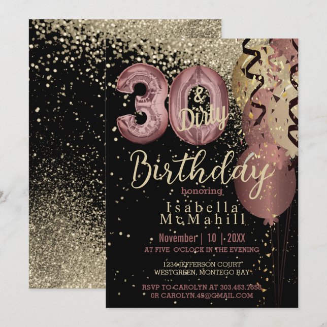 Black and Rose Gold Glitter 30th & Dirty Birthday Invitation (Front/Back)