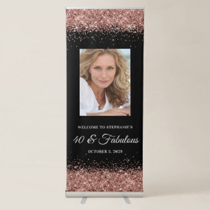 Black and Rose Gold Glitter 40 & Fabulous Welcome Retractable Banner