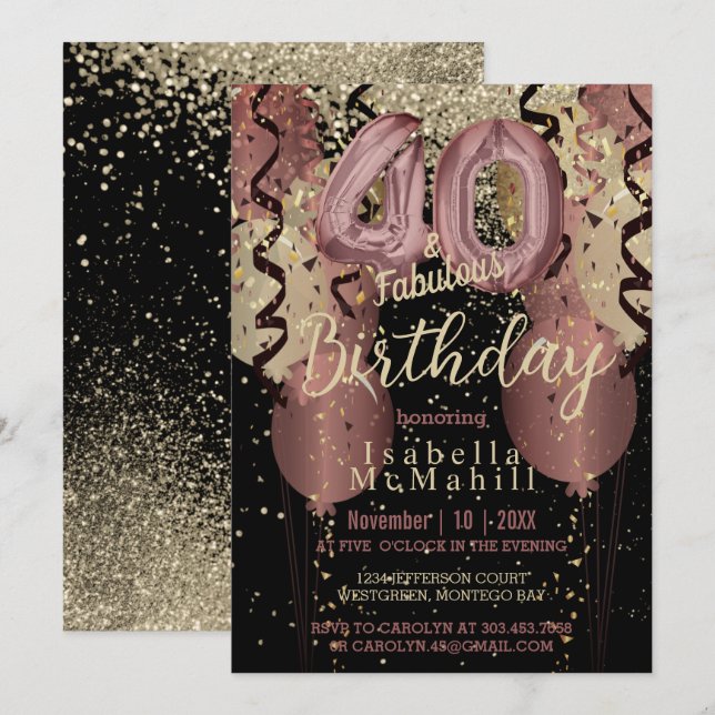 Black and Rose Gold Glitter 40th Birthday Invitation (Front/Back)