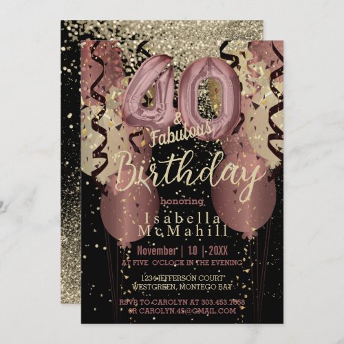 Black and Rose Gold Glitter 40th Birthday Invitation