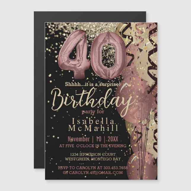 Black and Rose Gold Glitter 40th Birthday Magnetic Invitation (Front/Back)