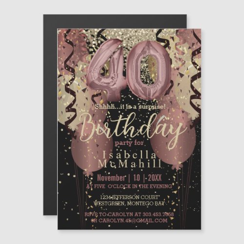 Black and Rose Gold Glitter 40th Birthday Magnetic Invitation