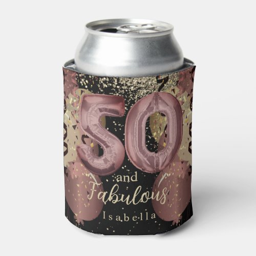 Black and Rose Gold Glitter 50th Birthday Can Cooler